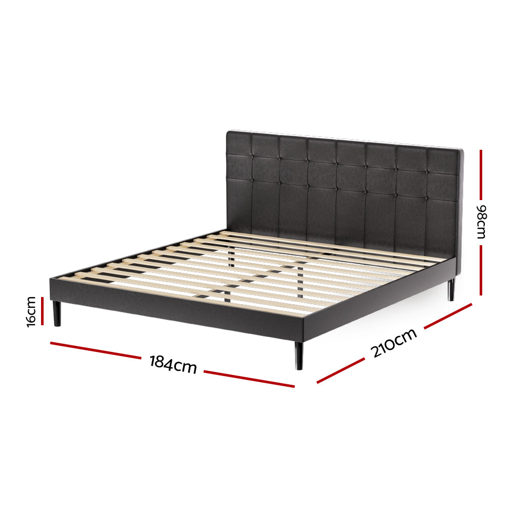 Artiss Bed Frame King Bed Base w RGB LED Lights Charge Ports Black Leather RAVI - Newstart Furniture