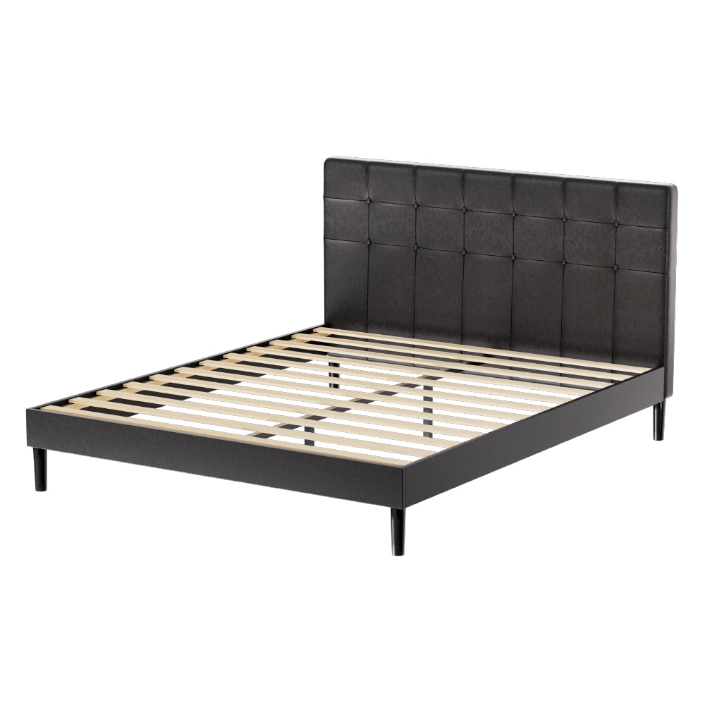 Artiss Bed Frame Queen Bed Base w LED Lights Charge Ports Black Leather RAVI - Newstart Furniture