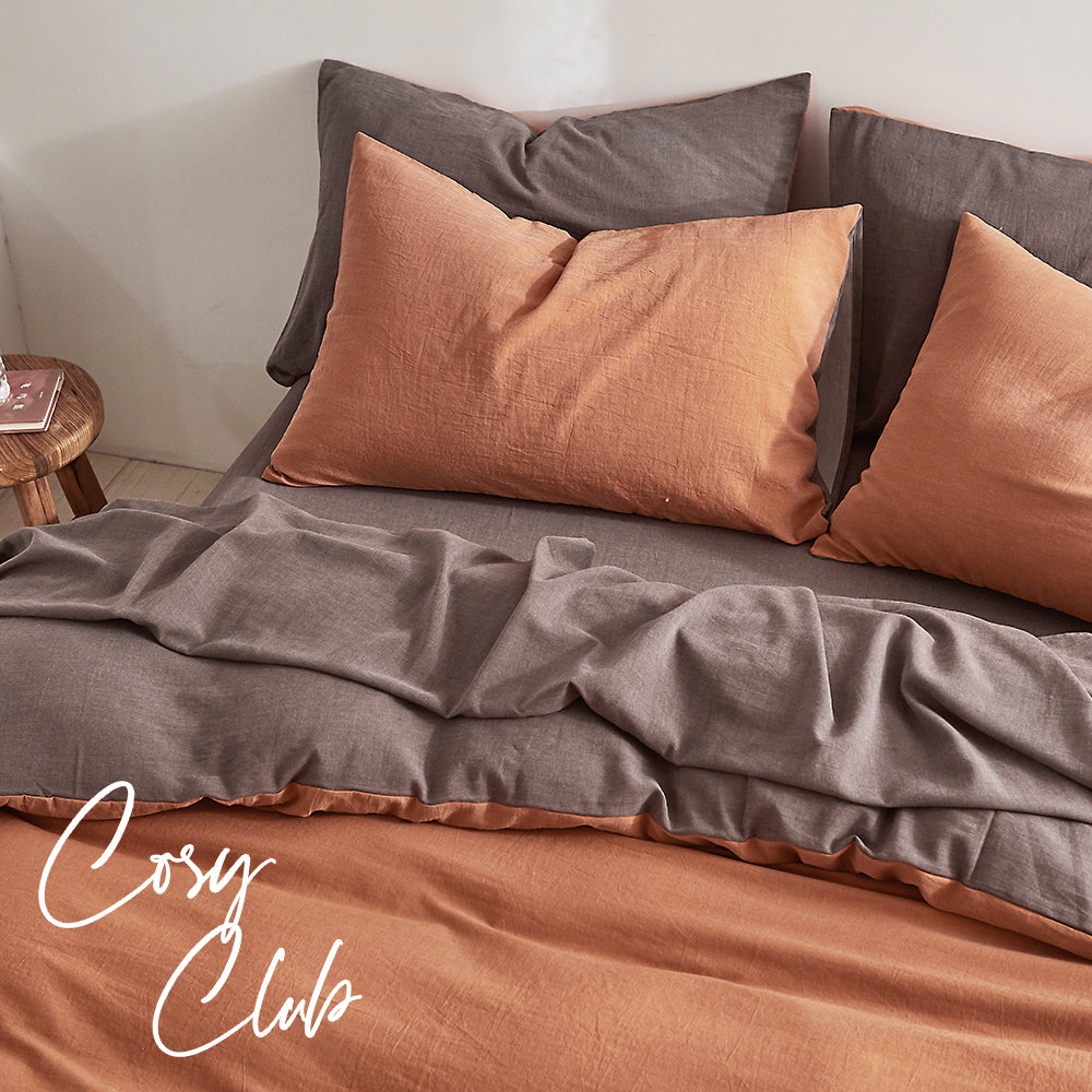 Cosy Club Quilt Cover Set Cotton Duvet Double Orange Brown - Newstart Furniture