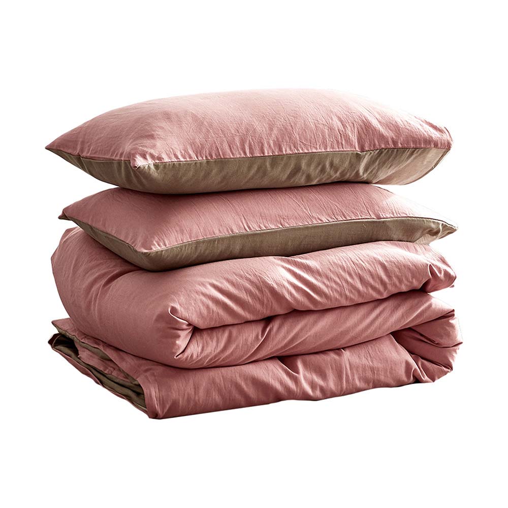 Cosy Club Washed Cotton Quilt Set Pink Brown Double - Newstart Furniture