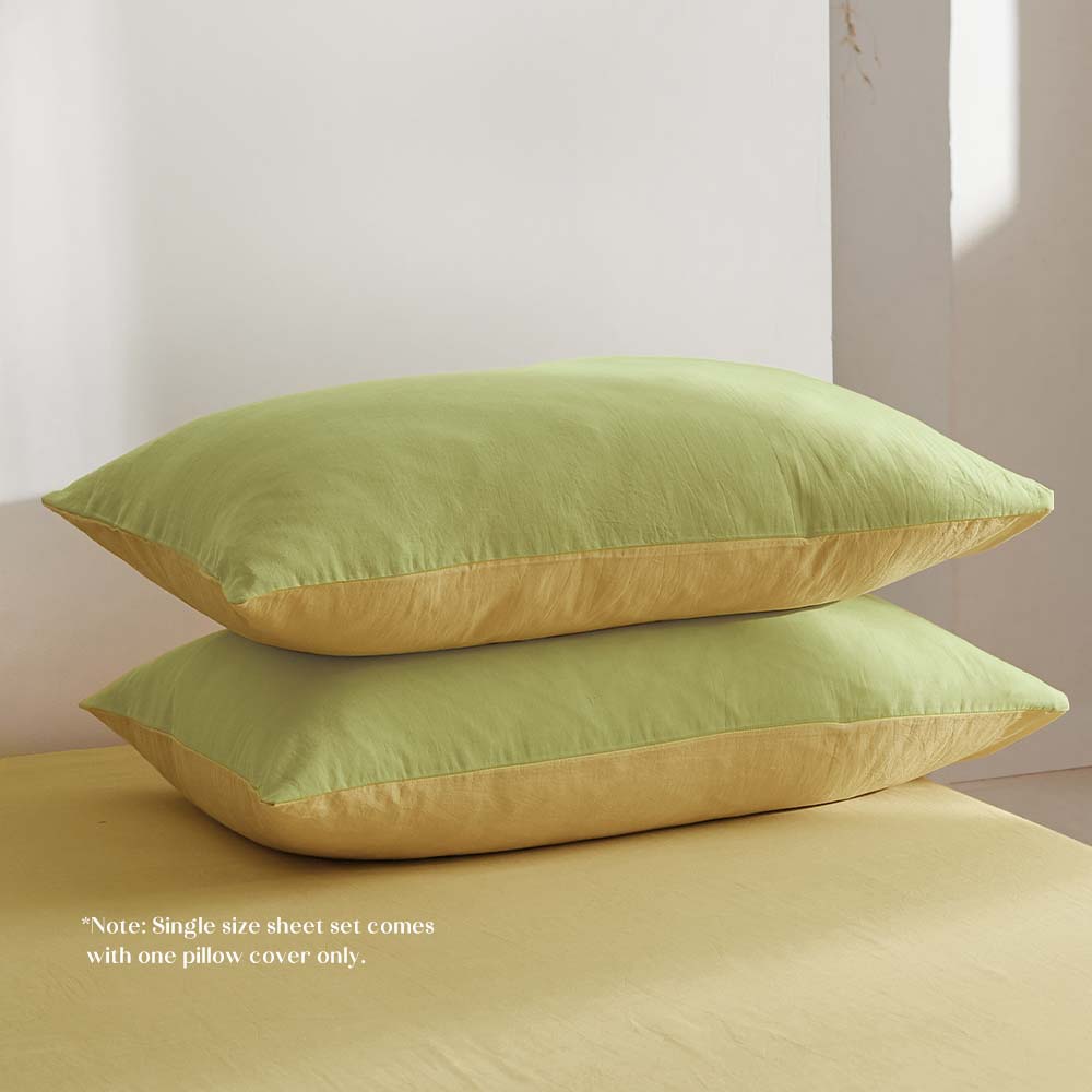 Cosy Club Washed Cotton Quilt Set Yellow Lime Double - Newstart Furniture