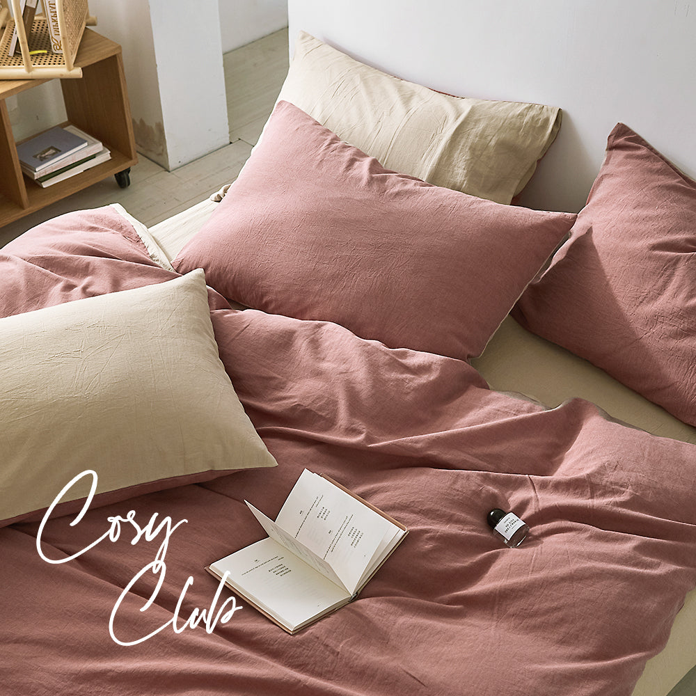 Cosy Club Quilt Cover Set Cotton Duvet Single Red Beige - Newstart Furniture
