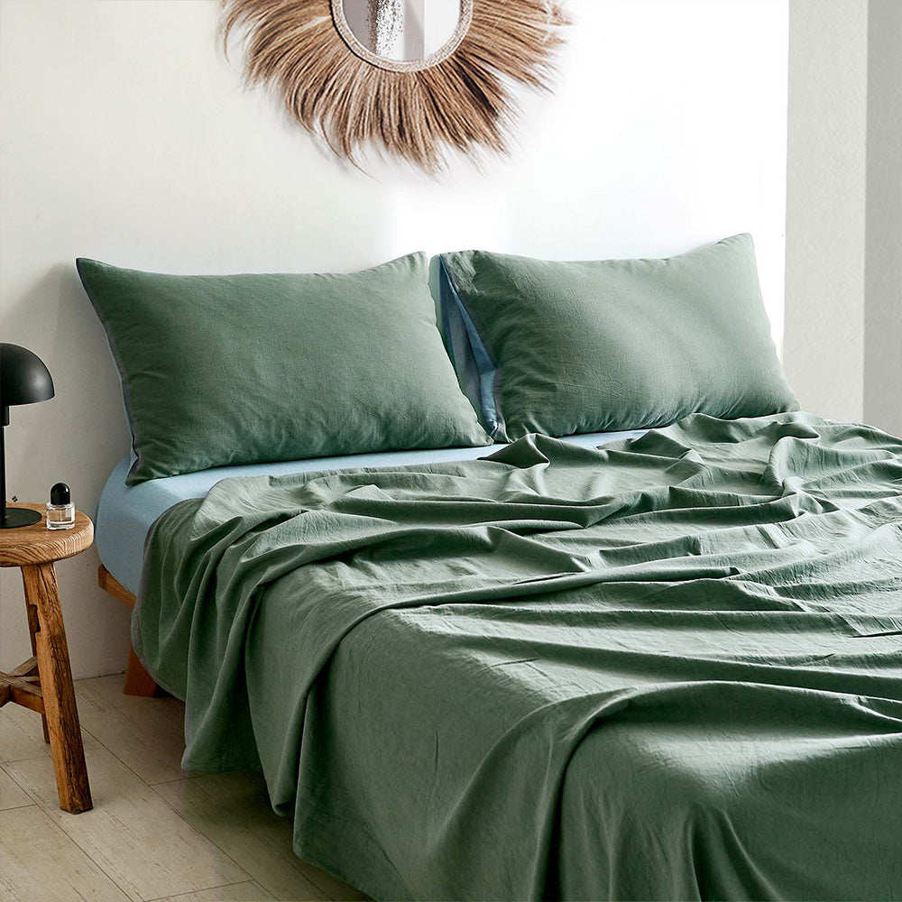 Cosy Club Washed Cotton Sheet Set Green Blue Queen - Newstart Furniture