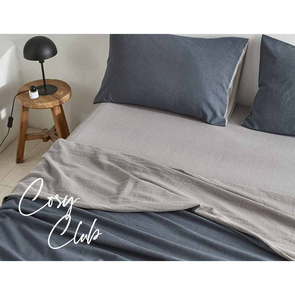 Cosy Club Cotton Bed Sheet Set - Navy Grey Single Size