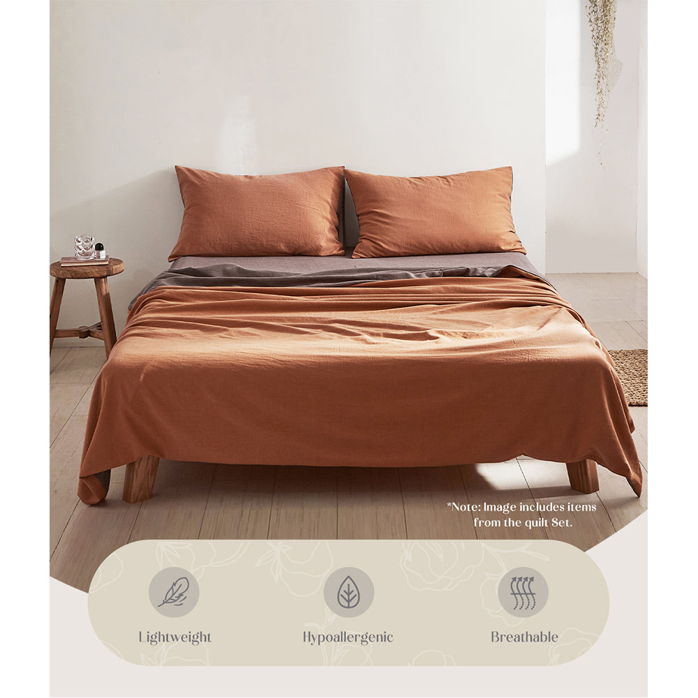 Cosy Club Cotton Bed Sheet Set - Orange Brown Single Size