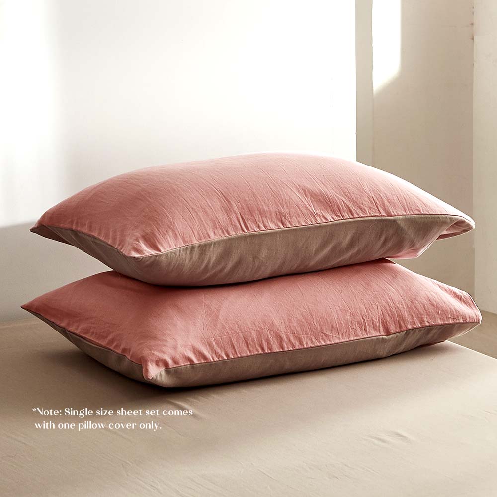 Cosy Club Washed Cotton Sheet Set Pink Brown Single - Newstart Furniture