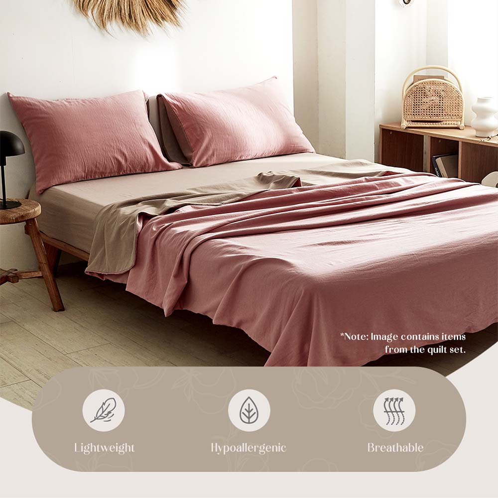 Cosy Club Washed Cotton Sheet Set Pink Brown Single - Newstart Furniture