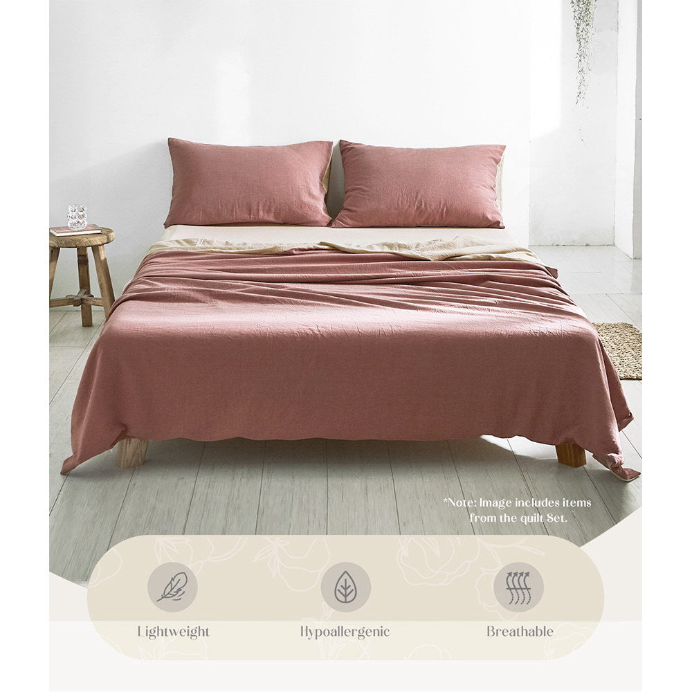 Cosy Club Cotton Bed Sheet Set - Single, Red/Beige, All-Season