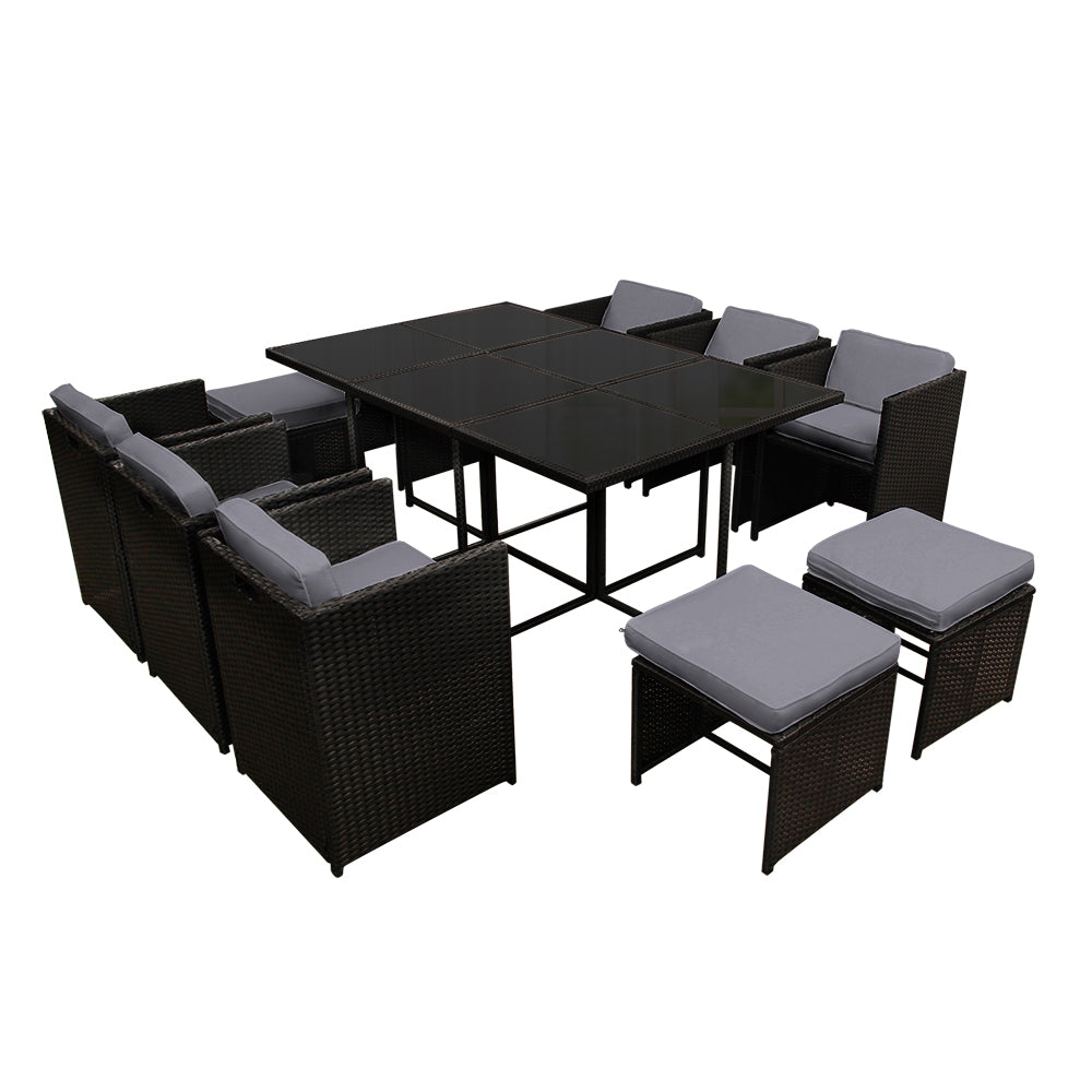 Gardeon 11 Piece PE Wicker Outdoor Dining Set - Black - Newstart Furniture