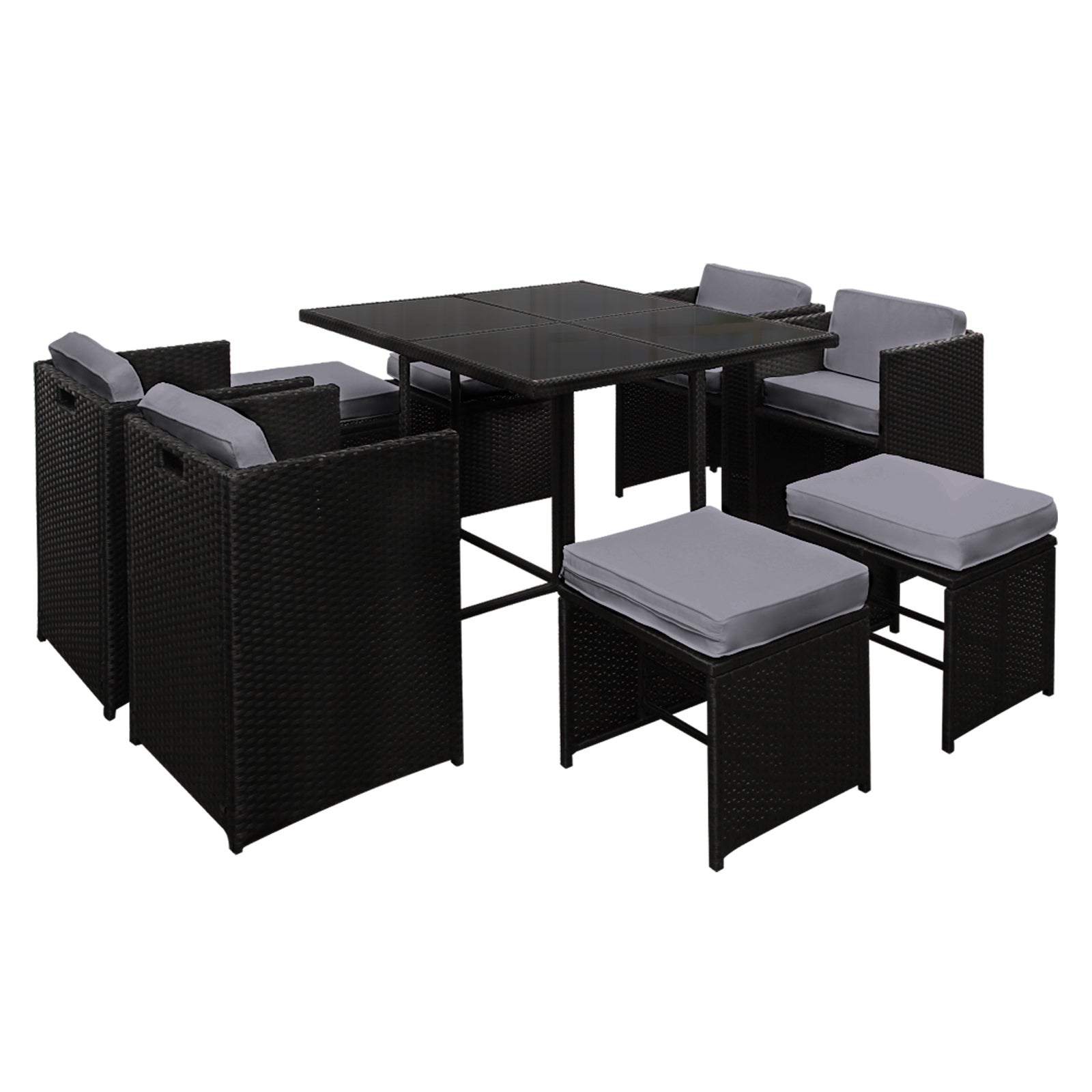 Gardeon 9 Piece Wicker Outdoor Dining Set - Black & Grey - Newstart Furniture