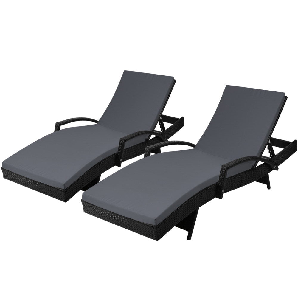 Gardeon Set of 2 Outdoor Sun Lounge Chair with Cushion - Black - Newstart Furniture