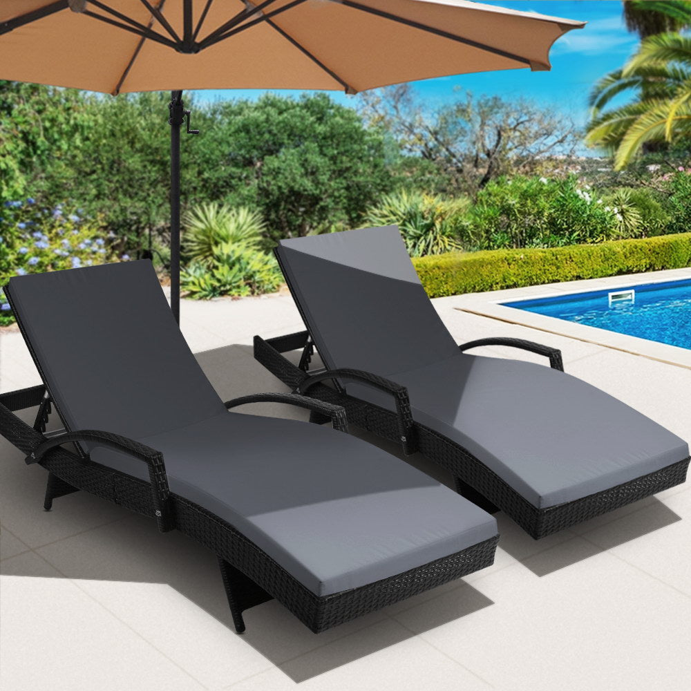 Gardeon Set of 2 Outdoor Sun Lounge Chair with Cushion - Black - Newstart Furniture