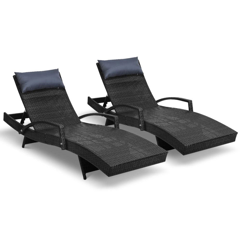 Gardeon Set of 2 Sun Lounge Outdoor Furniture Wicker Lounger Rattan Day Bed Garden Patio Black - Newstart Furniture