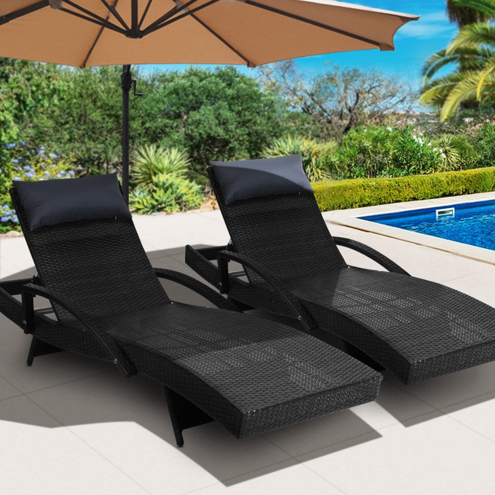 Gardeon Set of 2 Sun Lounge Outdoor Furniture Wicker Lounger Rattan Day Bed Garden Patio Black - Newstart Furniture