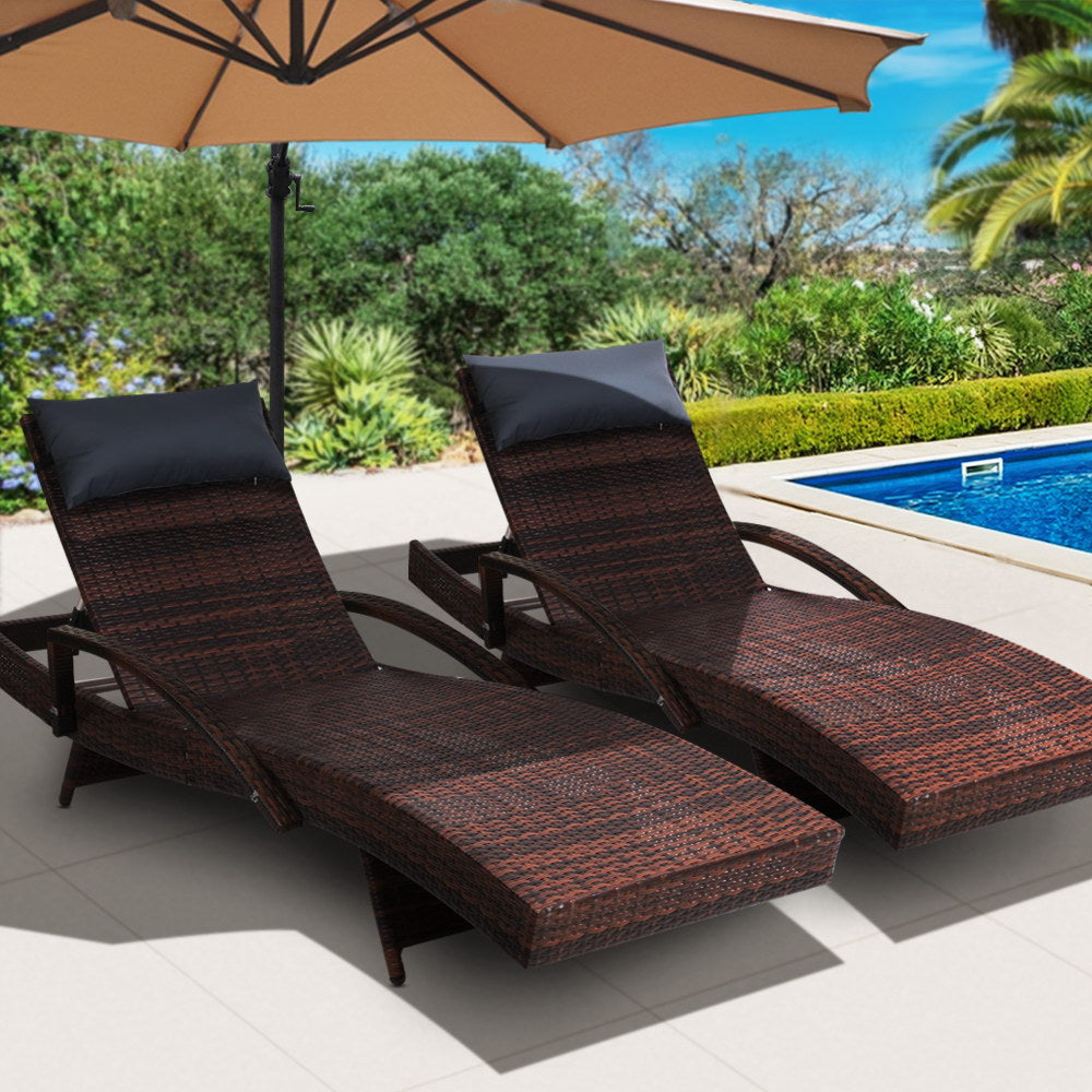 Gardeon Set of 2 Sun Lounge Outdoor Furniture Wicker Lounger Rattan Day Bed Garden Patio Brown - Newstart Furniture