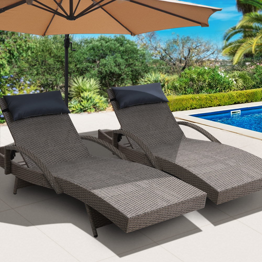 Gardeon Set of 2 Sun Lounge Outdoor Furniture Wicker Lounger Rattan Day Bed Garden Patio Grey - Newstart Furniture