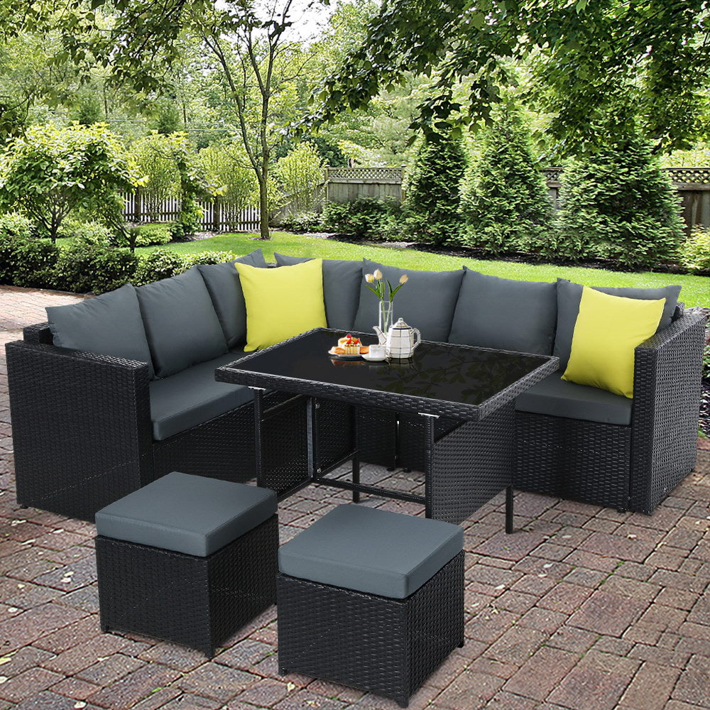 Gardeon Outdoor Furniture Patio Set Dining Sofa Table Chair Lounge Wicker Garden Black - Newstart Furniture