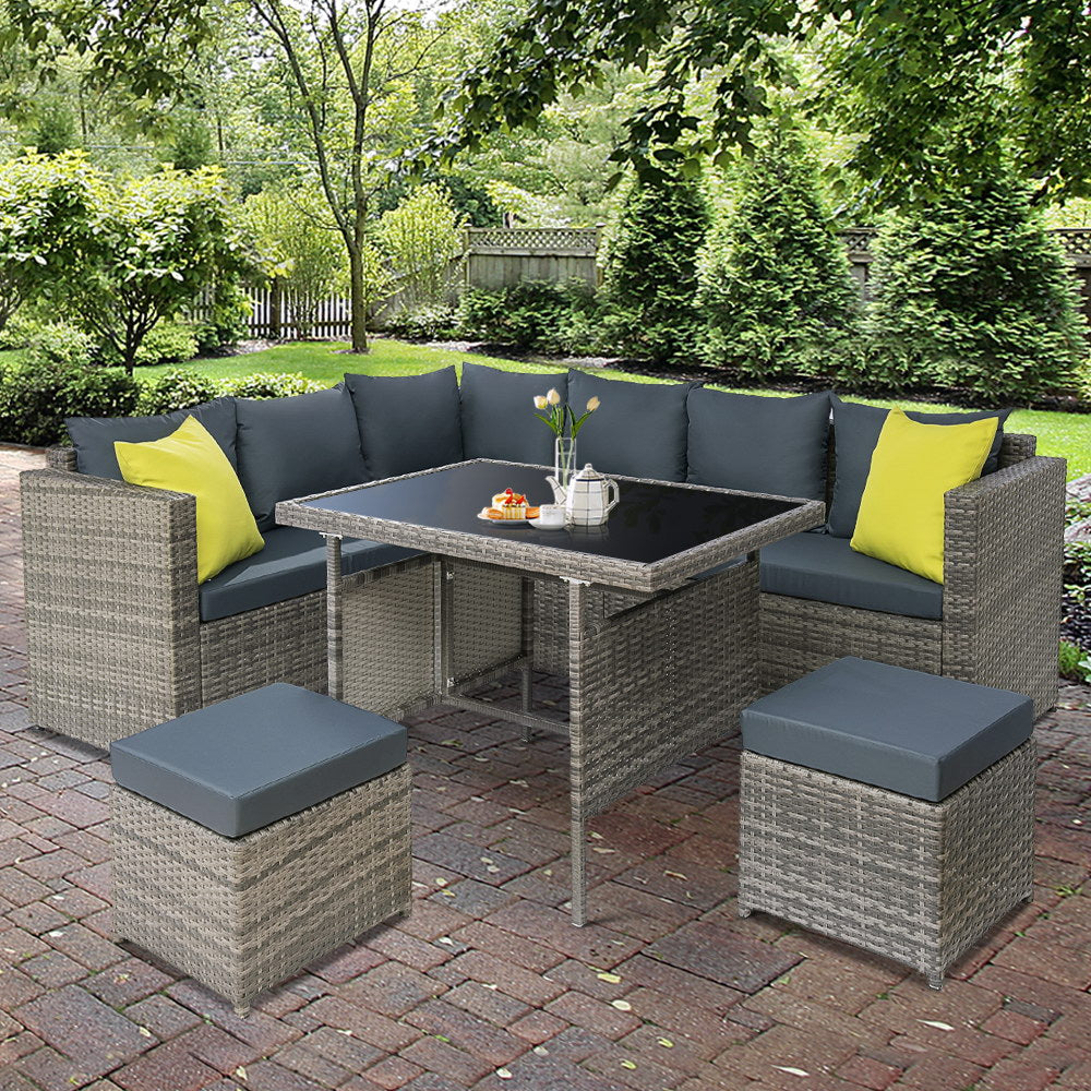 Gardeon Outdoor Furniture Patio Set Dining Sofa Table Chair Lounge Garden Wicker Grey - Newstart Furniture