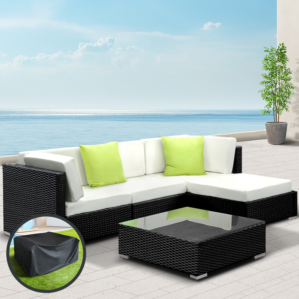 Gardeon 5PC Outdoor Wicker Sofa Set with Storage Cover - Newstart Furniture
