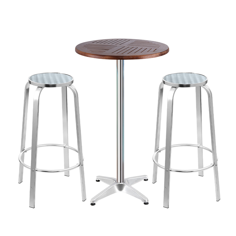 Gardeon Outdoor Bistro Set Bar Table Stools Adjustable Aluminium Cafe 3PC Wood - Newstart Furniture