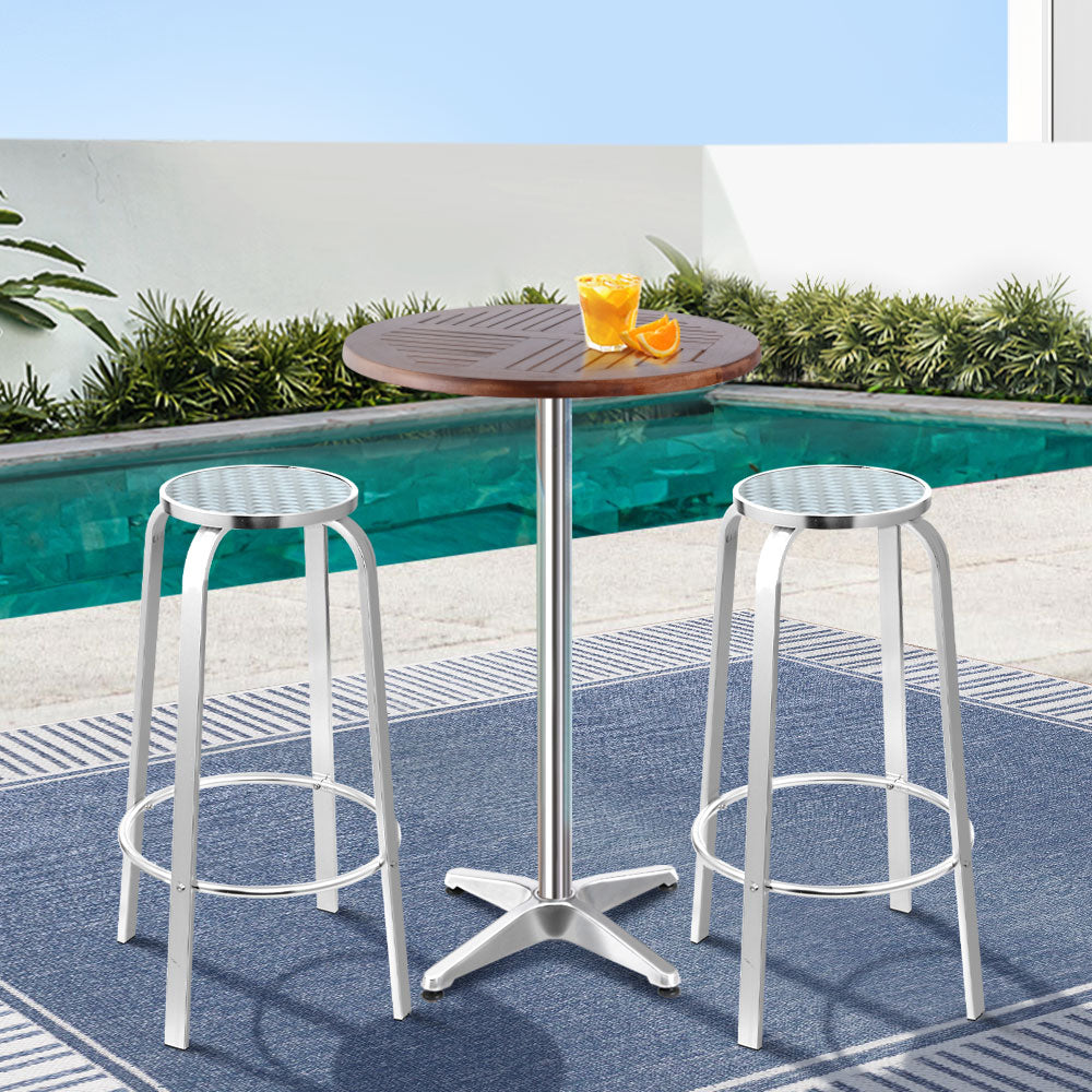 Gardeon Outdoor Bistro Set Bar Table Stools Adjustable Aluminium Cafe 3PC Wood - Newstart Furniture