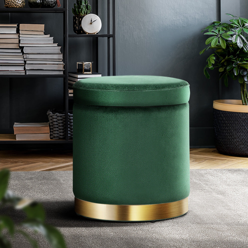 Artiss Storage Ottoman Foot Stool Round Velvet Foot Rest Pouffe Footstool Green - Newstart Furniture