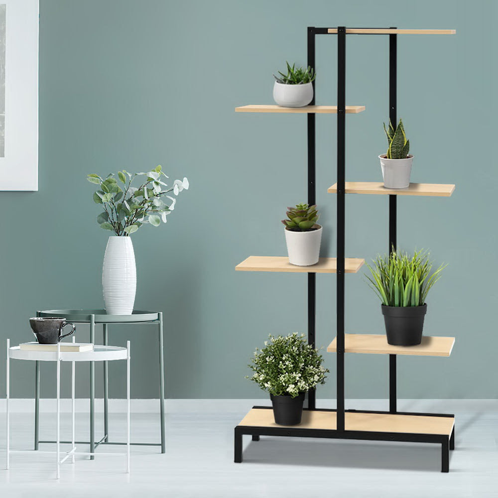 Artiss 6 Tier Zigzag Metal Plant Stand with Wood Shelves