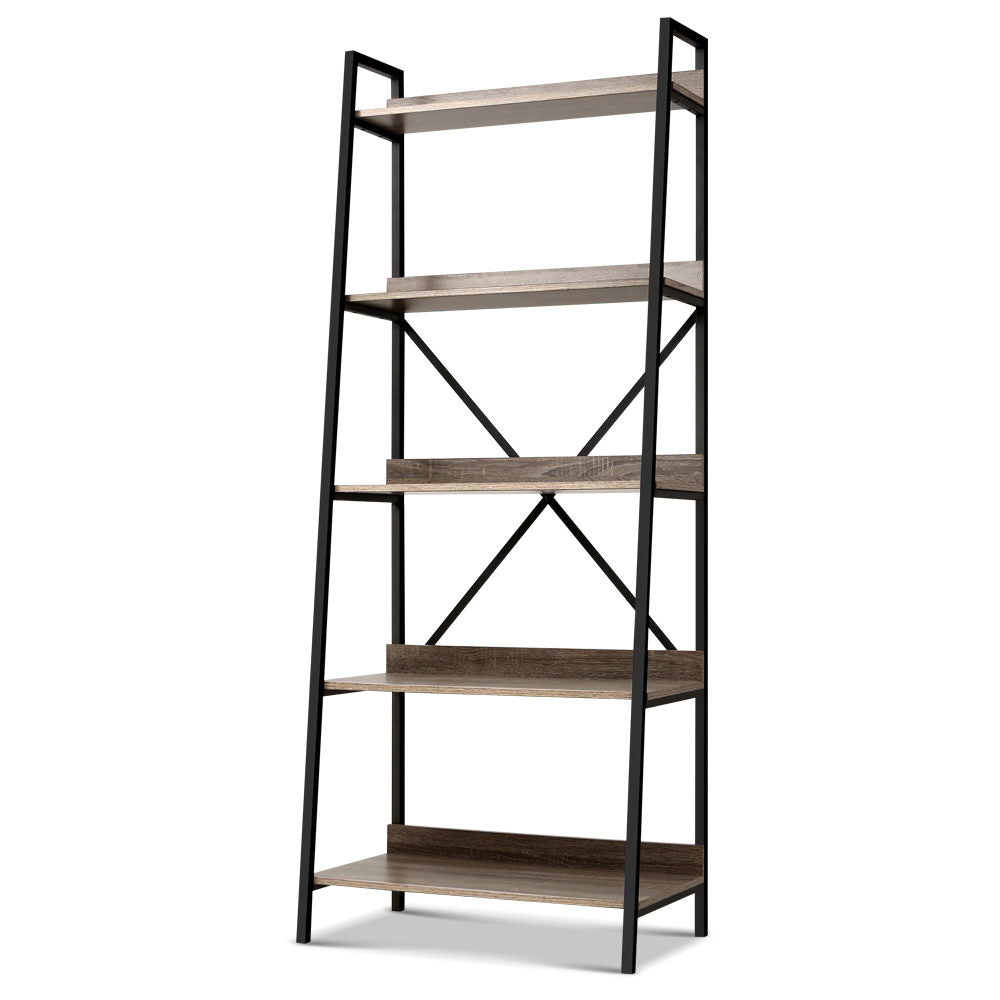 Artiss Bookshelf 5Tier Metal Bookcase Bookshelves Oak Book Shelf Display Storage - Newstart Furniture