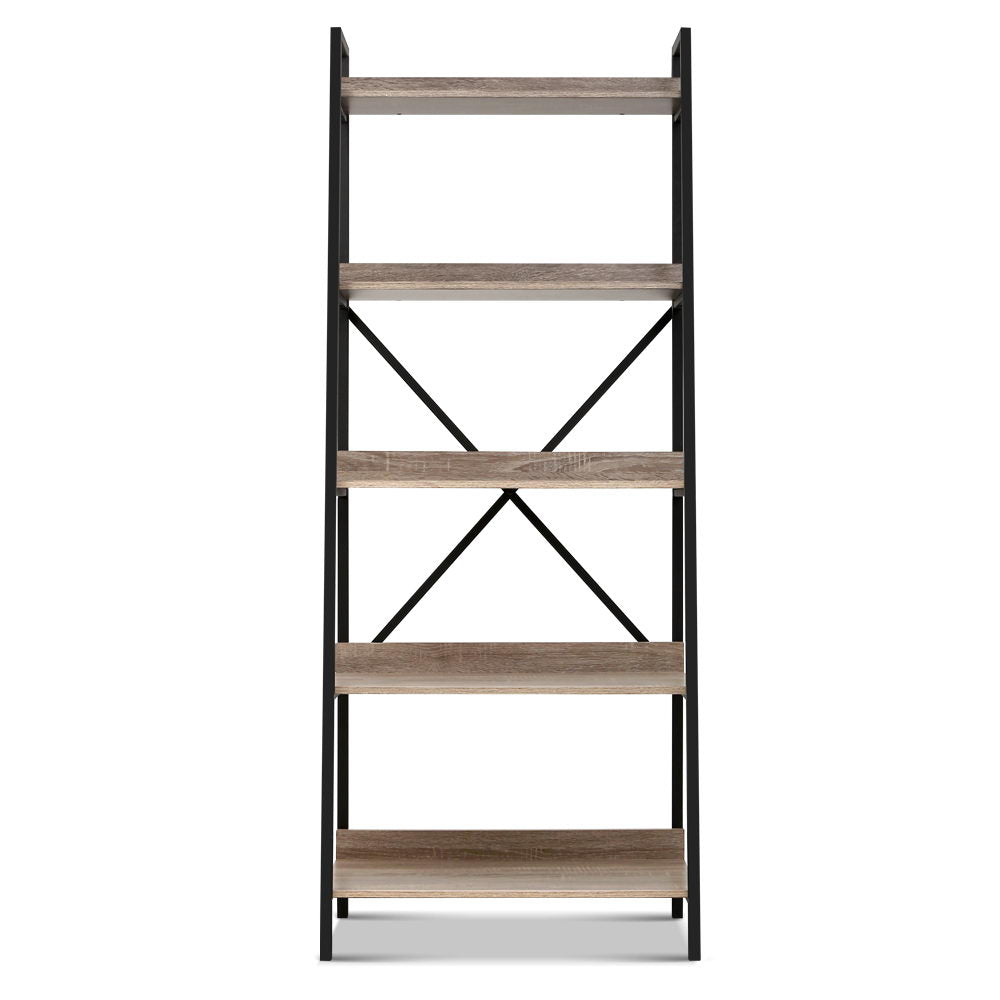 Artiss Bookshelf 5Tier Metal Bookcase Bookshelves Oak Book Shelf Display Storage - Newstart Furniture