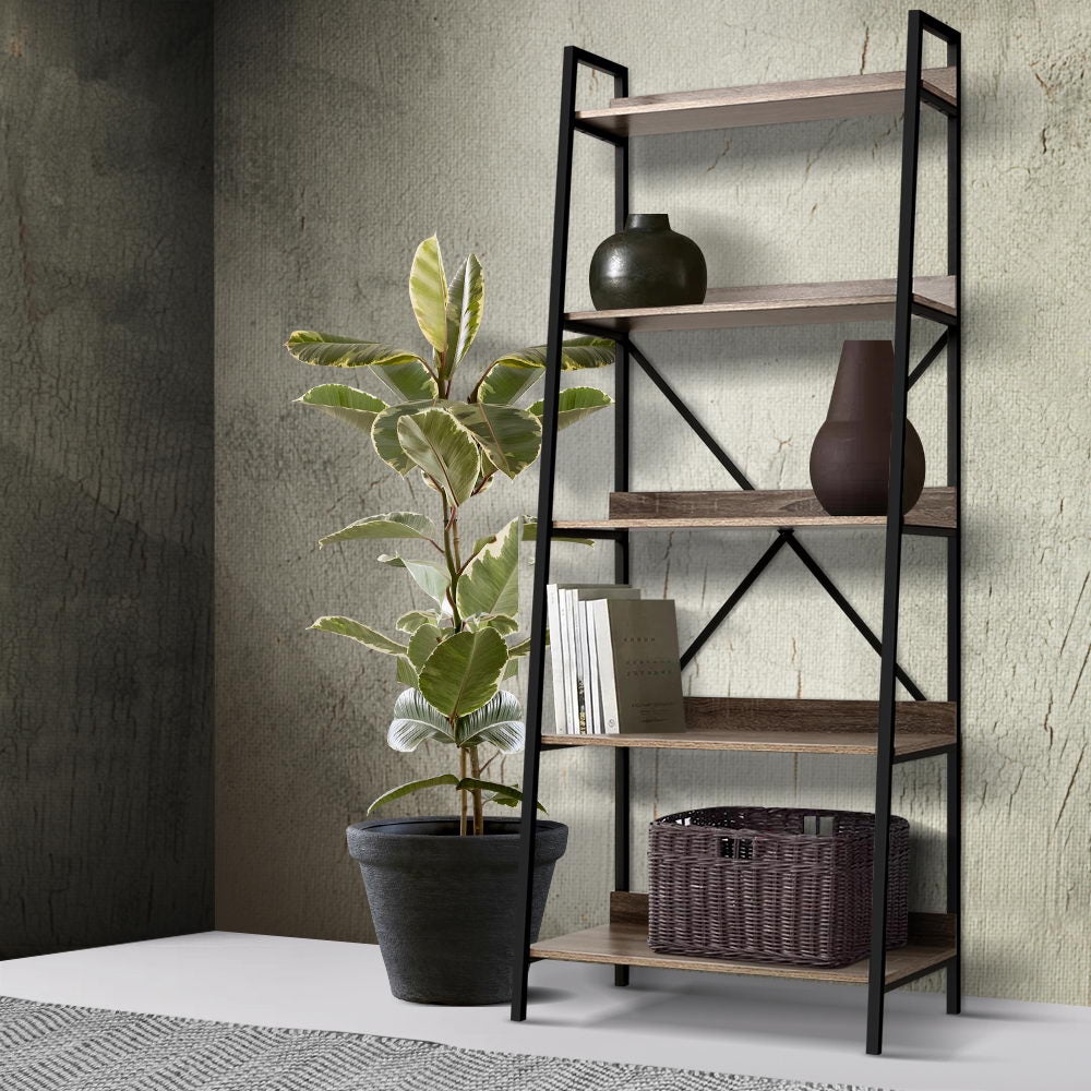 Artiss Bookshelf 5Tier Metal Bookcase Bookshelves Oak Book Shelf Display Storage - Newstart Furniture