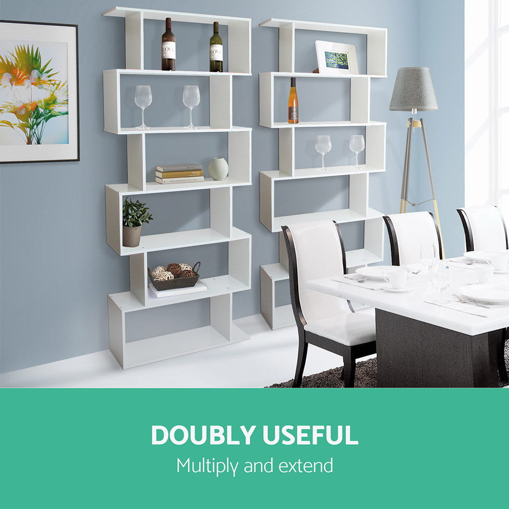 S Shape 6 Tier Display Shelf | Artiss RIVA White Bookcase