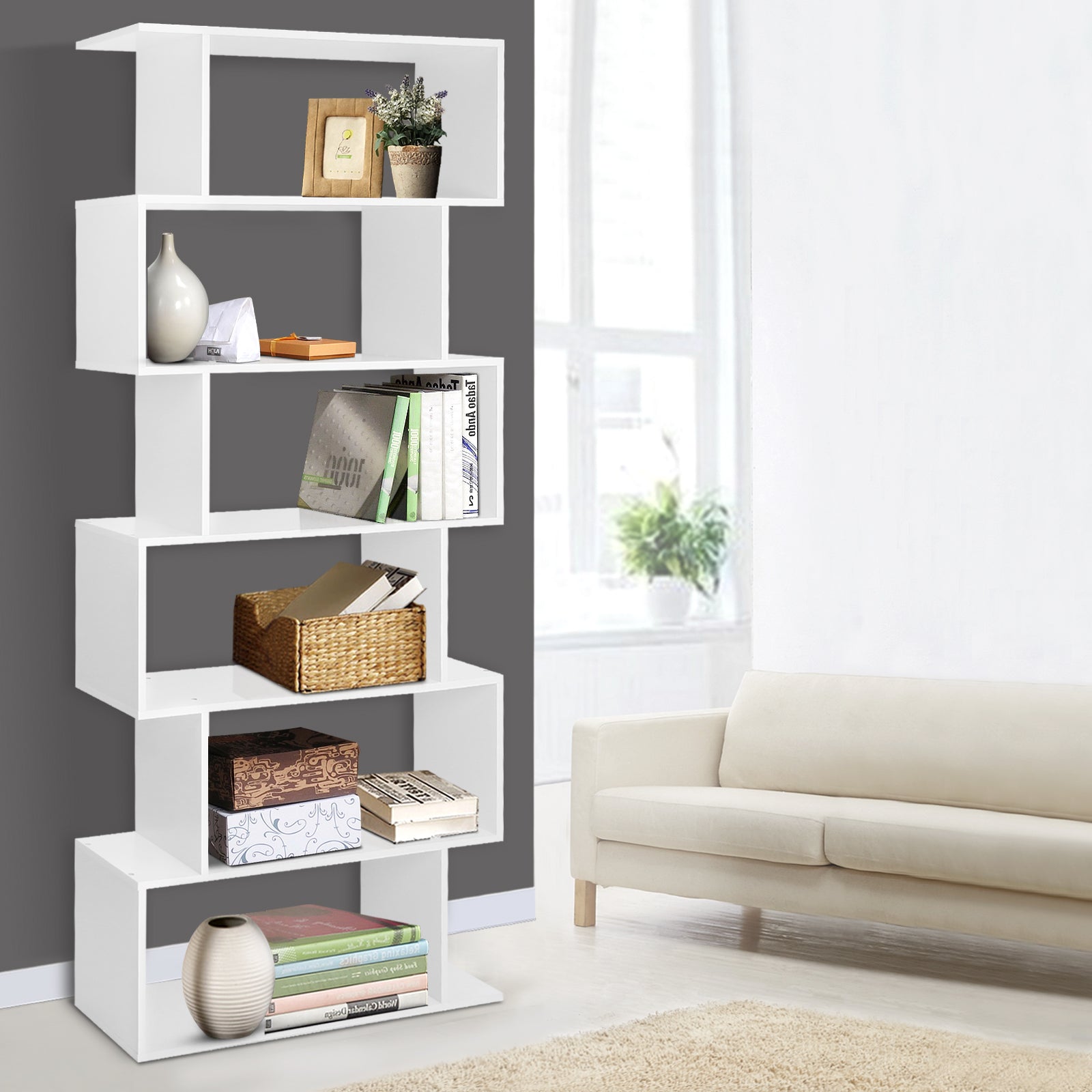 S Shape 6 Tier Display Shelf | Artiss RIVA White Bookcase