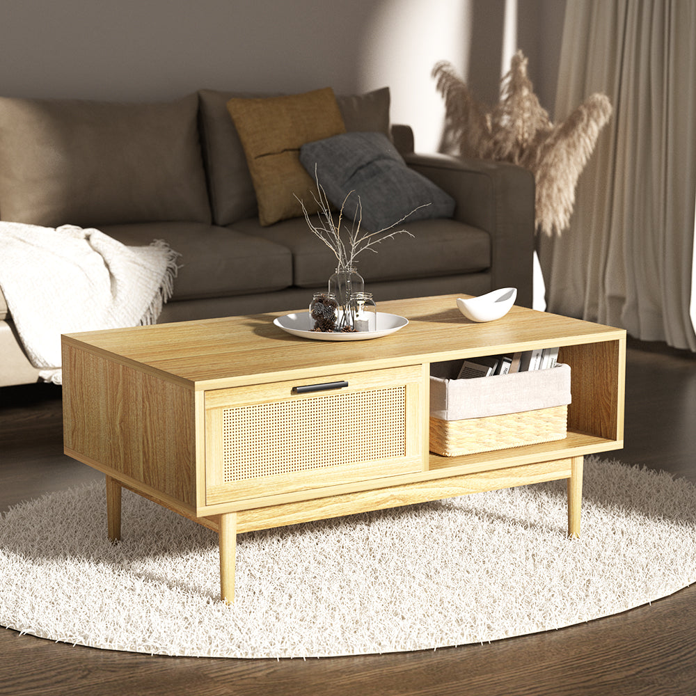 Artiss Rattan Coffee Table with Storage Drawers Shelf Modern Wooden Tables - Newstart Furniture