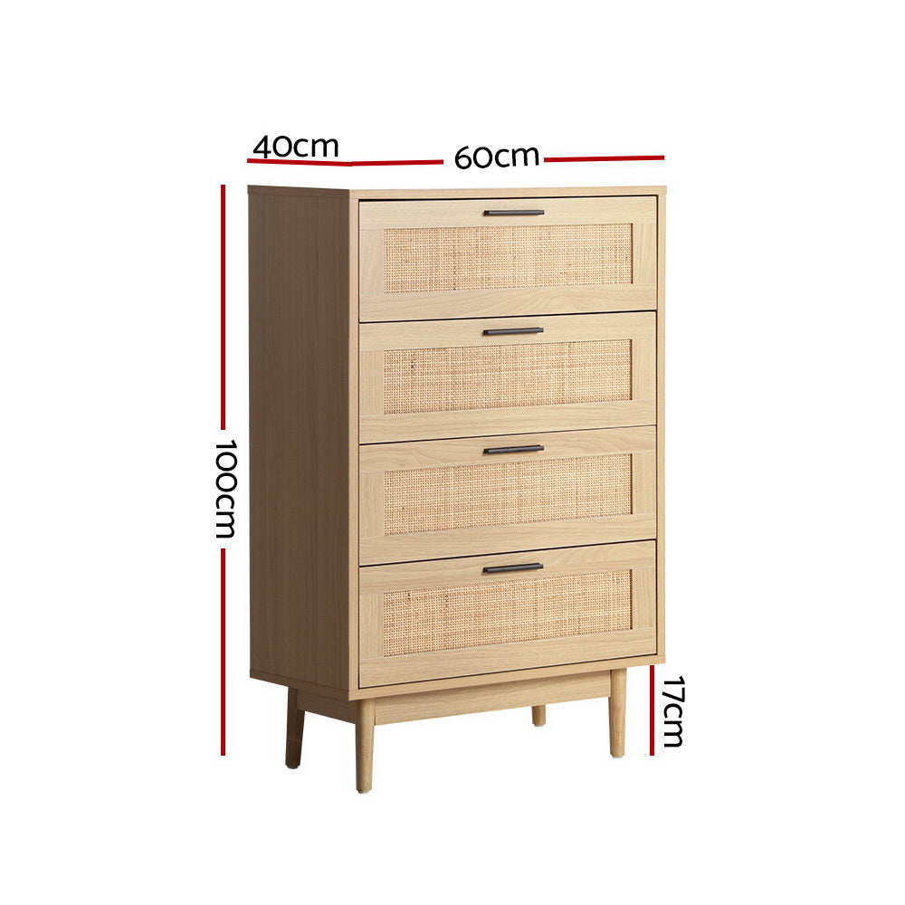 Artiss 4 Chest of Drawers Rattan Tallboy Cabinet Bedroom Clothes Storage Wood - Newstart Furniture