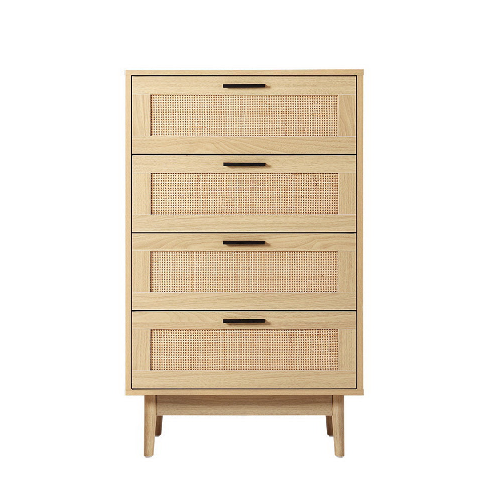 Artiss 4 Chest of Drawers Rattan Tallboy Cabinet Bedroom Clothes Storage Wood - Newstart Furniture