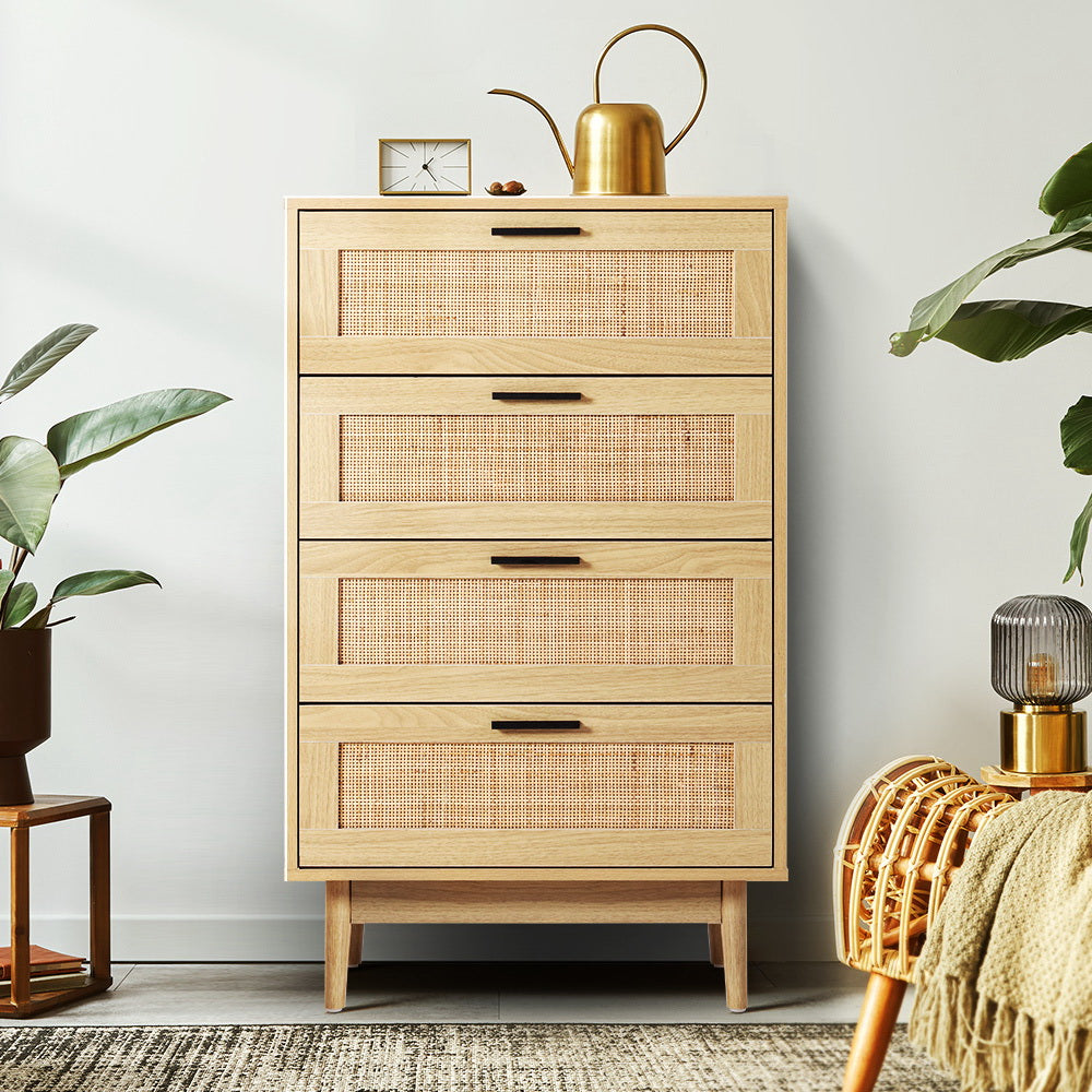 Artiss 4 Chest of Drawers Rattan Tallboy Cabinet Bedroom Clothes Storage Wood - Newstart Furniture