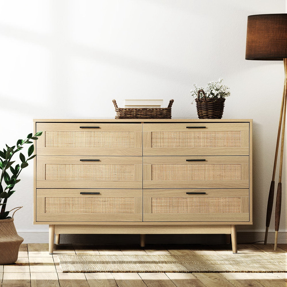 Artiss 6 Chest of Drawers Rattan Tallboy Cabinet Bedroom Clothes Storage Wood - Newstart Furniture