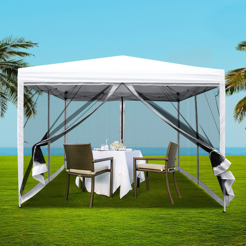 Instahut Gazebo Pop Up Marquee 3x3 Wedding Side Mesh Wall Outdoor Gazebos White - Newstart Furniture