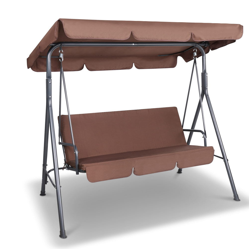 Gardeon 3 Seater Outdoor Canopy Swing Chair - Coffee - Newstart Furniture