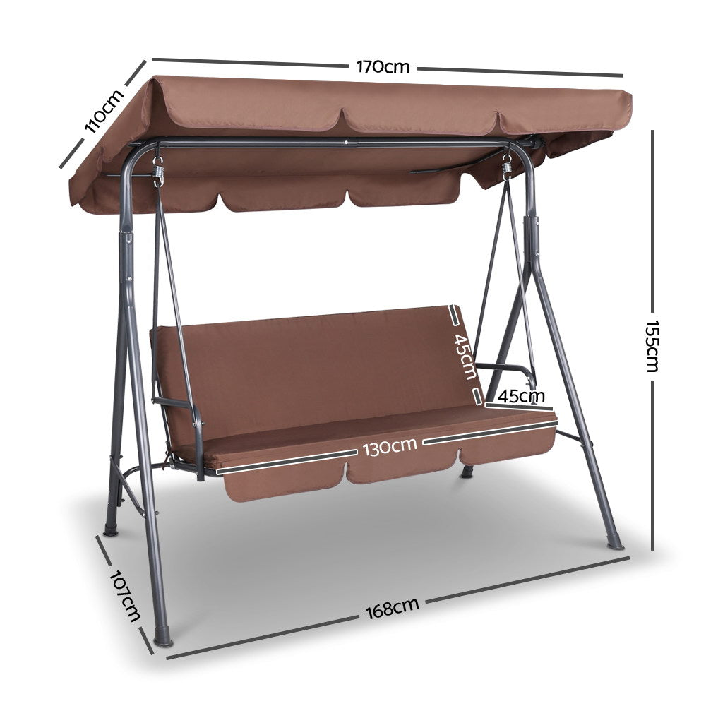 Gardeon 3 Seater Outdoor Canopy Swing Chair - Coffee - Newstart Furniture