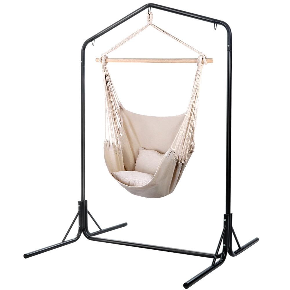 Gardeon Outdoor Hammock Chair with Stand Hanging Hammock with Pillow Cream - Newstart Furniture