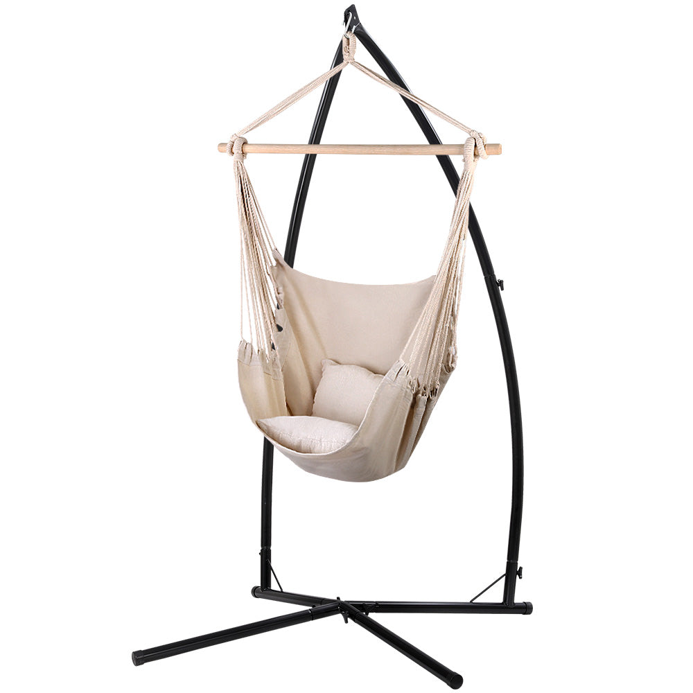 Gardeon Outdoor Hammock Chair with Steel Stand Hanging Hammock with Pillow Cream - Newstart Furniture