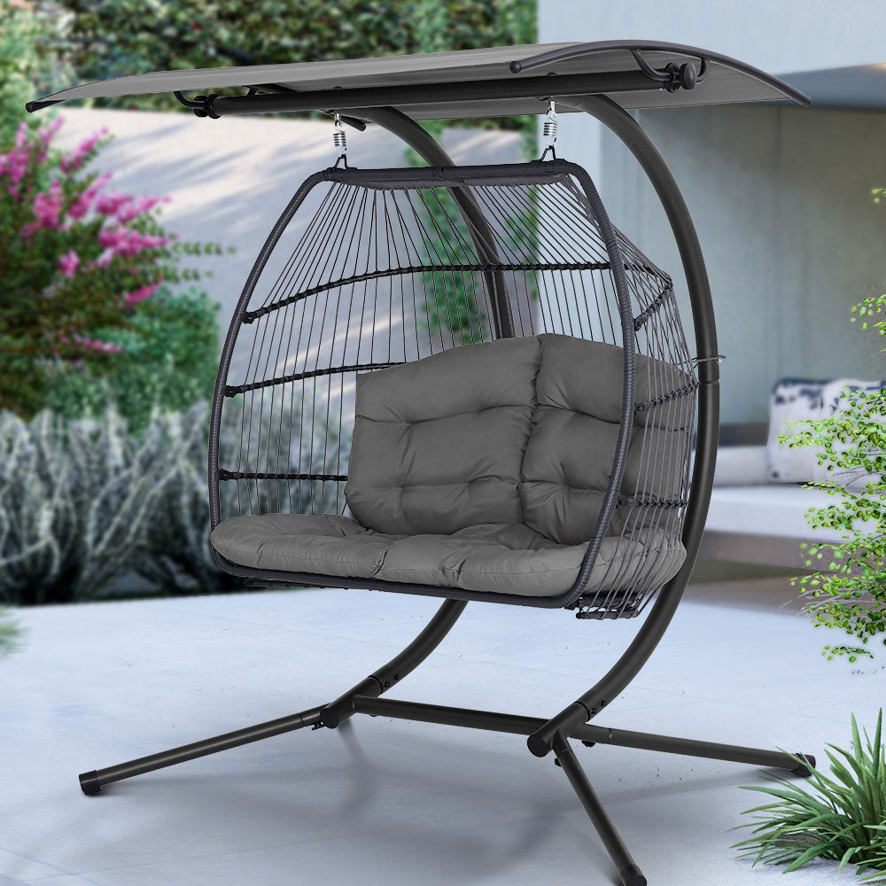 Gardeon Outdoor Furniture Lounge Hanging Swing Chair Egg Hammock Stand Rattan Wicker Grey - Newstart Furniture