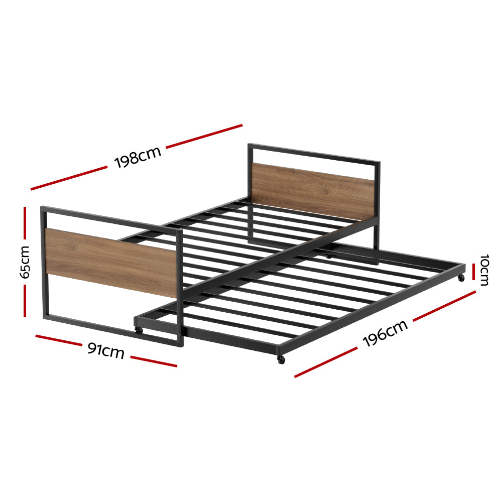 Artiss Bed Frame Metal Bed Base with Trundle Daybed Wooden Headboard Single DEAN - Newstart Furniture