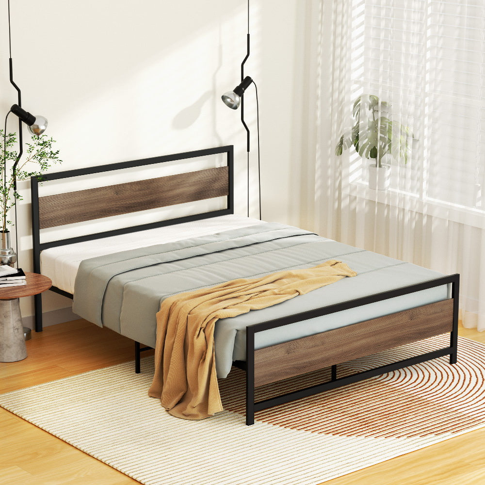 Artiss Bed Frame Metal Bed Base Double Size Platform Wooden Headboard Black DREW - Newstart Furniture