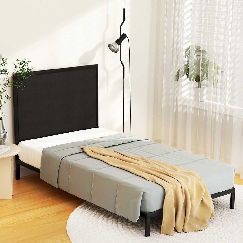 Artiss Bed Frame Metal Bed Base with Charcoal Fabric Headboard King Single PADA - Newstart Furniture