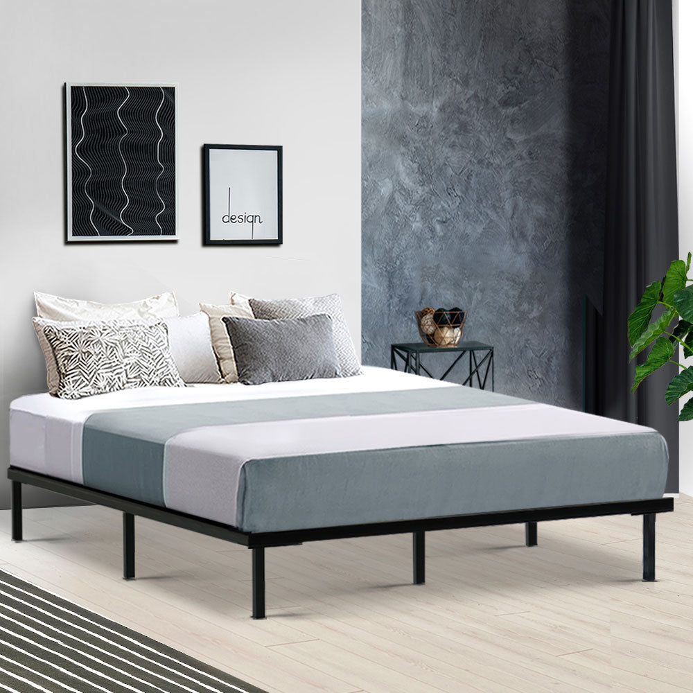 Metal Bed Frame Queen Size Mattress Base Platform Foundation Wooden Black TED - Newstart Furniture