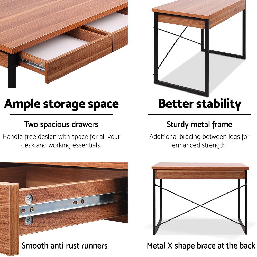 Artiss Metal Desk with Drawer - Walnut - Newstart Furniture