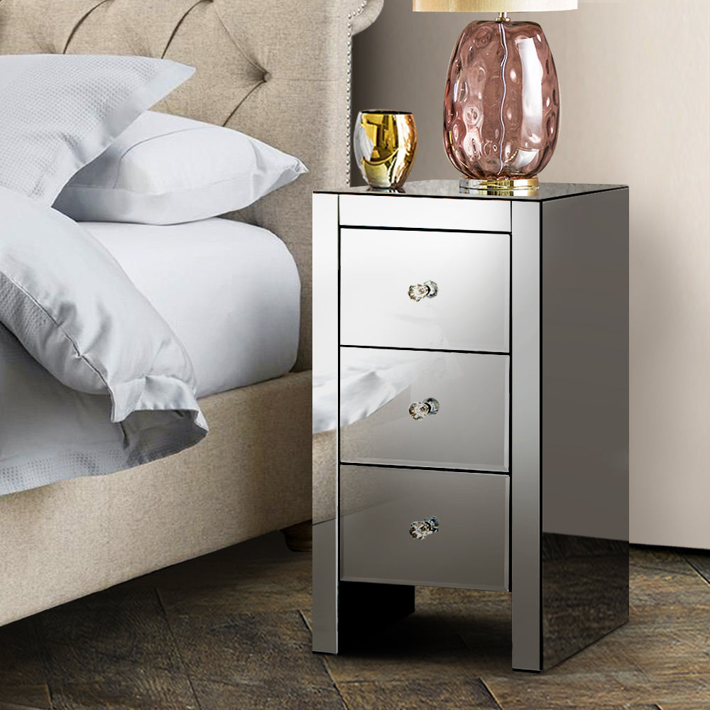 Artiss Mirrored Bedside Tables Drawers Crystal Chest Nightstand Glass Grey - Newstart Furniture