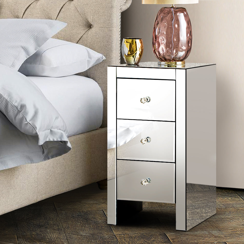 Quenn Mirrored Bedside Table Silver - Newstart Furniture